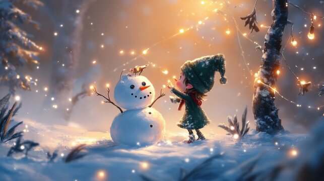 Child interacting with snowman