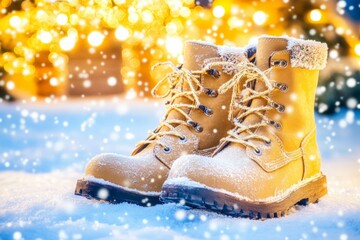 Winter work boots in snowy seasonal setting with festive lights