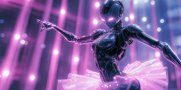 Futuristic robotic ballerina in neon lights