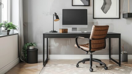 Minimalist Home Office with Black Industrial Desk and Leather Chair 