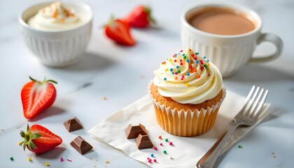 Indulge in a sweet moment with a colorful cupcake, chocolate, and hot chocolate