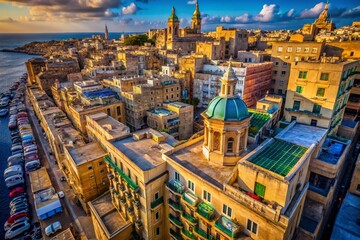 Naklejka premium Aerial View of Valletta's Characteristic Balconies: A Drone Perspective Showcasing the Unique Architecture and Vibrant Colors of Malta's Capital City Streets