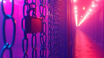 Locked chain-link fence in neon-lit corridor. - Powered by Adobe