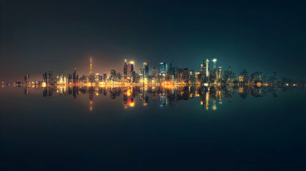 Naklejka premium Majestic nighttime reflection of Torontoa??s skyline against the calm waters of Lake Ontario.high quality image