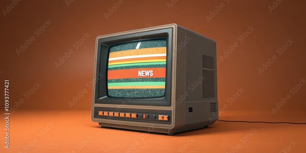 Poster digital glitch an aged crt screen flickers with a slight glitch as a bright orange news bar scrolls 