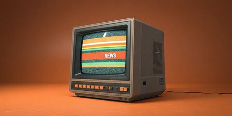 Fototapeta premium Digital Glitch An aged CRT screen flickers with a slight glitch as a bright orange news bar scrolls across the bottom punctuated by occasional static. The retro style evokes the