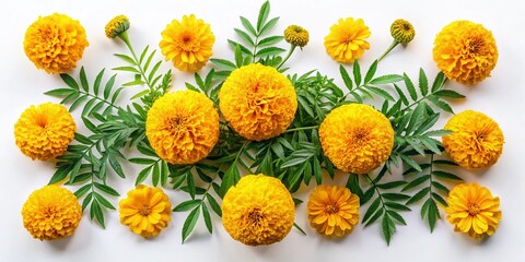 Aerial View of Vibrant Yellow Marigold Flowers Surrounded by Lush Green Leaves on a Crisp White Background for Floral Graphics and Botanical Illustrations