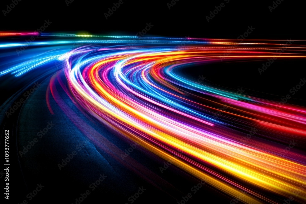 Poster vibrant multicolored light trails on dark background capturing dynamic motion