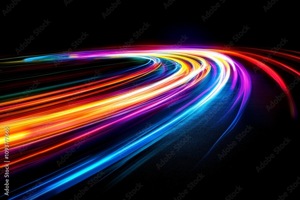 Poster vivid neon light trails on a dark background creating dynamic movement
