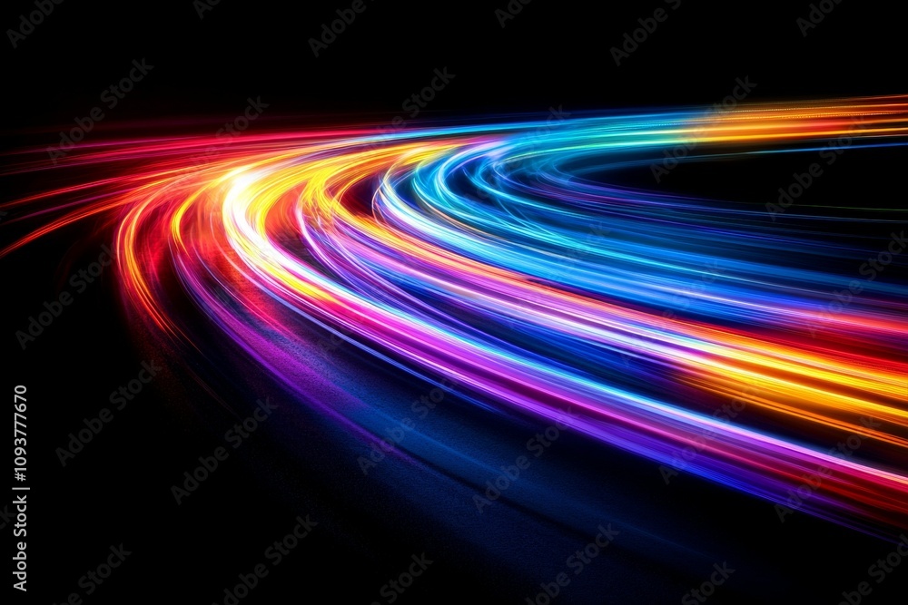 Poster vibrant light trails creating a dynamic colorful path on black background