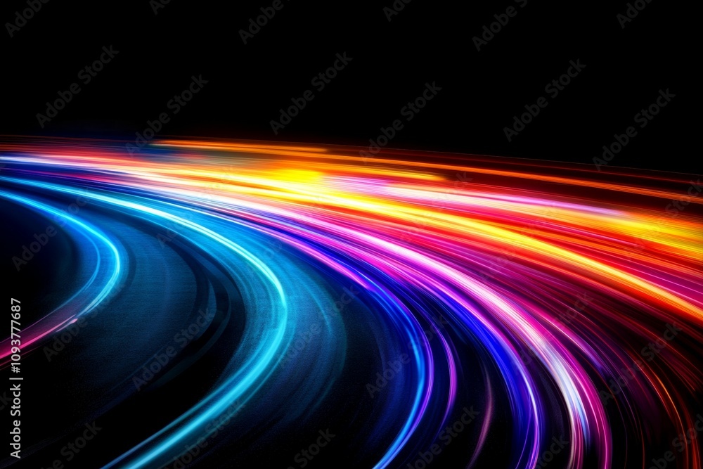 Poster vibrant multicolored light trails on black background in dynamic curve