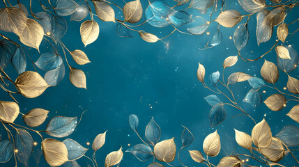 Ornamental blue and gold petals woven with glittering twigs on a serene teal background.4k image