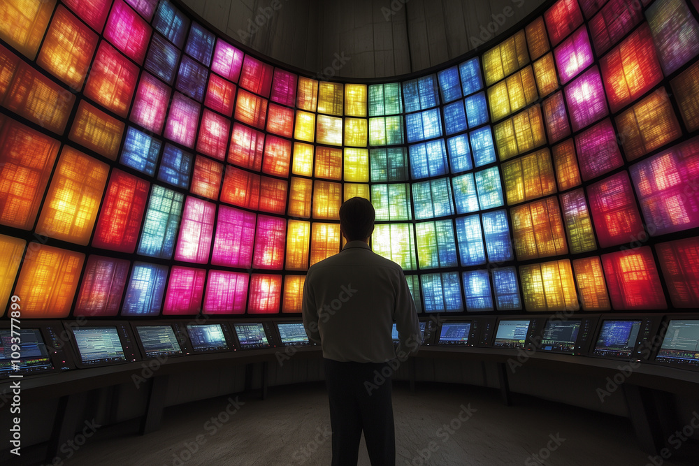 Wall mural a male it professional with their back to the viewer observing the large amount of computer monitors