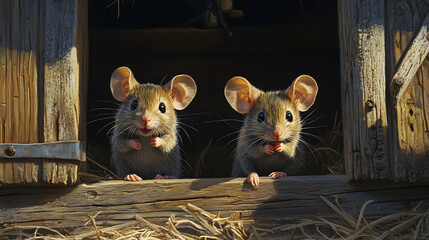 Playful Mice Scurrying Around in Rustic Barn.4k image