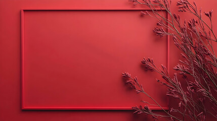 Red Christmas template for design featuring a festive frame against a red background Flat lay top view and copy space for text.4k image