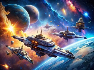 Obraz premium A Fleet of Futuristic Spaceships Orbiting a Cosmic Backdrop, Showcasing Advanced Technology and the Grand Scale of Space Exploration in Stunning Macro Photography