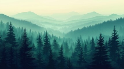 Serene misty morning in dense evergreen forest with layers of distant mountains in soft atmospheric light spreading tranquility