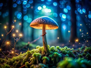 A Glowing Mushroom in a Dark Environment with Intricate Patterns and Vibrant Illumination, Perfect for Nature and Fantasy Themes, Capturing the Essence of Enchanted Forests