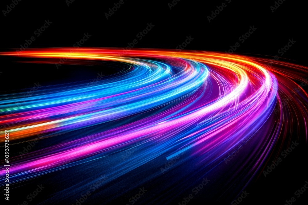 Poster vibrant neon light trails forming dynamic curved patterns in motion