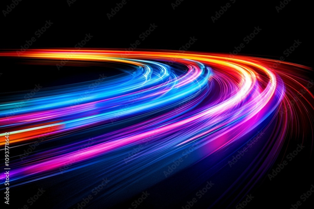 Poster vibrant neon light trails creating a dynamic curve in darkness