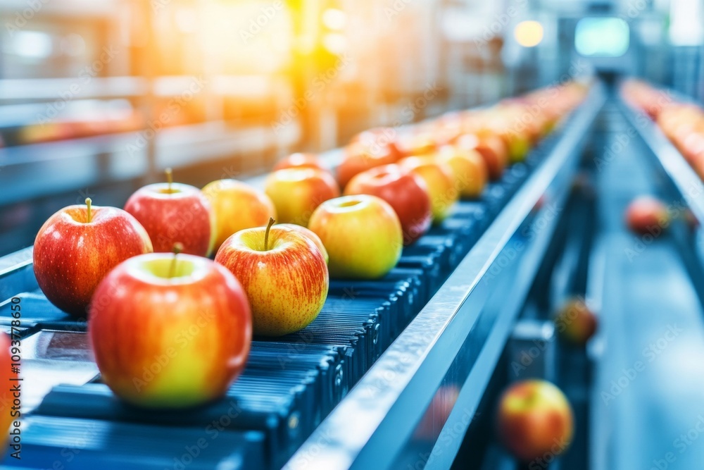 Poster automated apple sorting on factory conveyor belt in bright lighting