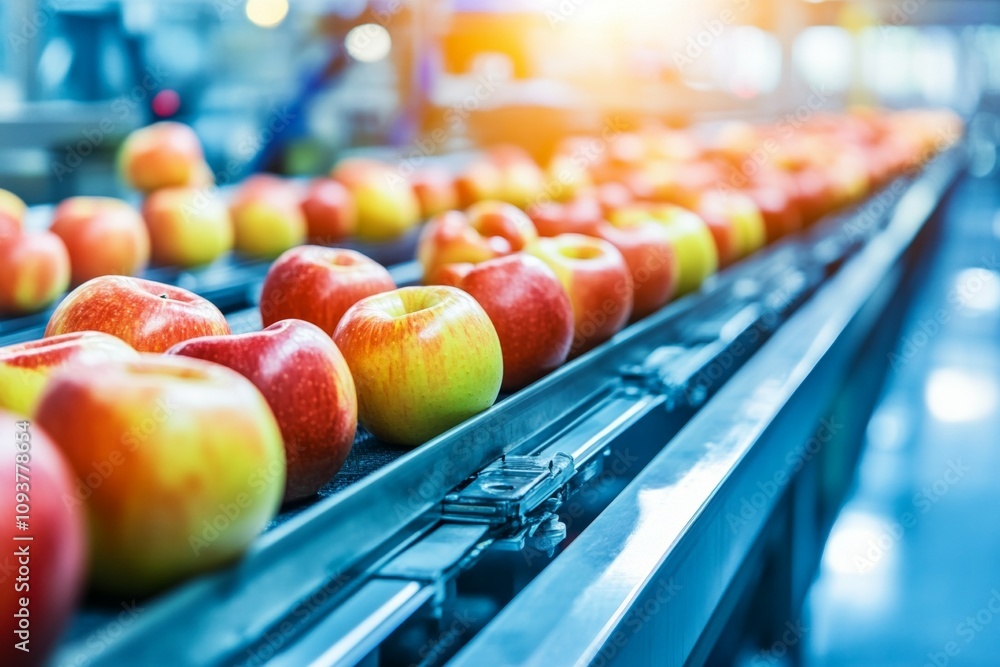 Poster fresh apples on automated conveyor belt in modern factory setting