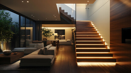 Fototapeta premium Sleek Home Interior with Wooden Stairs Illuminated by LED Lighting.4k image