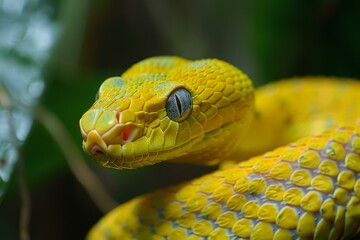 Fototapeta premium Yellow eyelash viper is emerging from a green bush