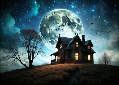 A Haunting Silhouette of a Spooky Haunted House Beneath a Glowing Full Moon in the Night Sky, Eerie Atmosphere Invoking Intrigue and Mystery - Powered by Adobe