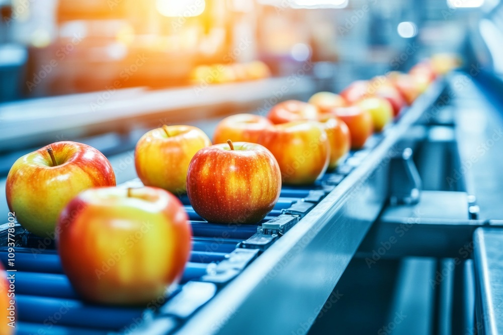 Poster automated apple sorting on conveyor in modern processing facility