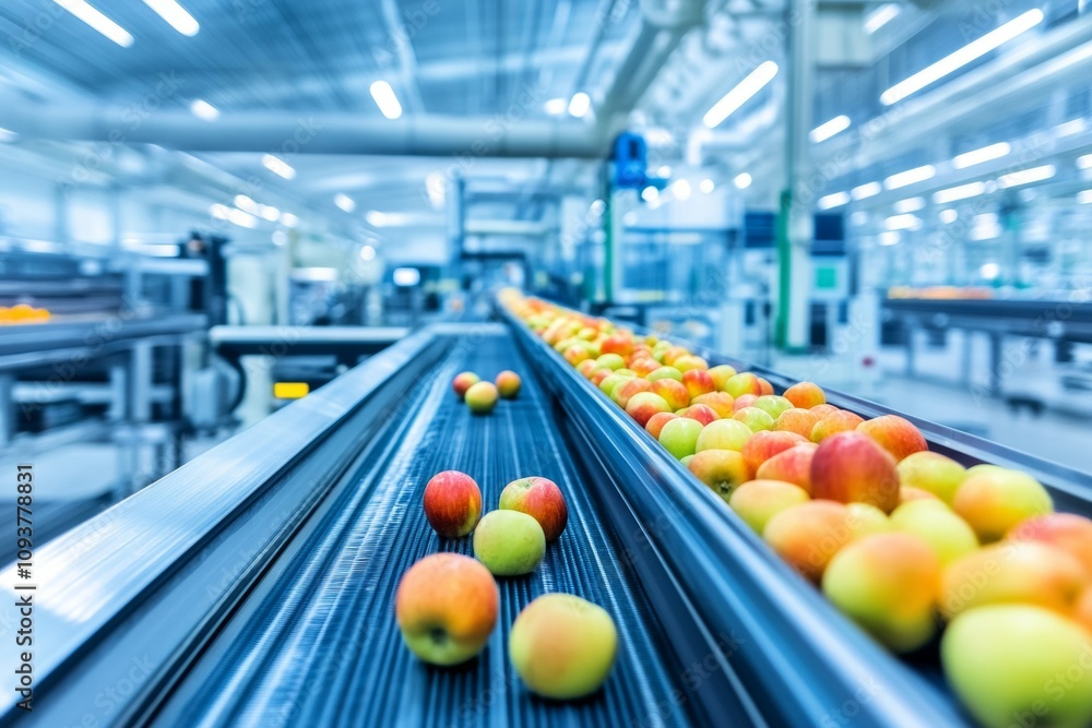 Poster automated apple sorting on modern conveyor belt in factory setting