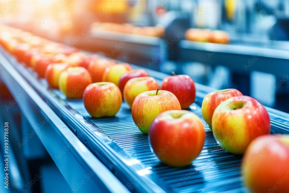 Poster fresh red apples on modern sorting conveyor in industrial setting