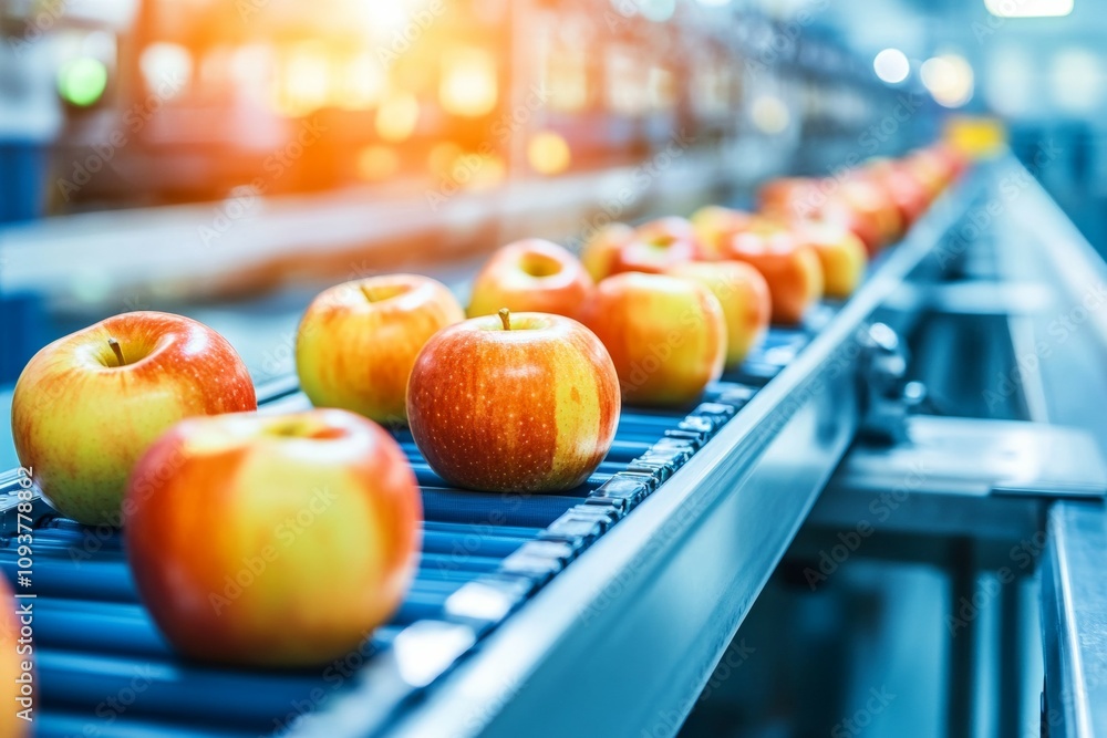 Poster automated sorting of fresh red apples on a conveyor belt