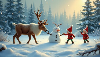 A reindeer nudges a snowman while elves dance joyfully in a frost-filled clearing.