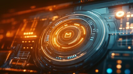 Obraz premium Futuristic digital interface with glowing circular elements and abstract technological patterns in vibrant orange and blue hues for innovation