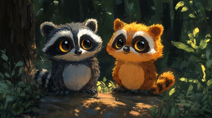 Fototapeta premium Cute Cartoon Raccoons in a Forest Setting Surrounded by Lush Greenery and Soft Lighting, Perfect for Children’s Art or Wildlife Themes