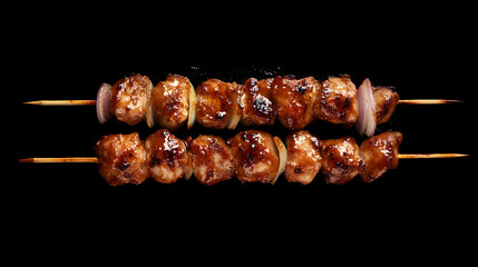 Top view of BBQ chicken shish kebab skewers with onions and spices on a black background with copy space image included.4k image