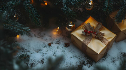 Toy and gift under Christmas tree. High quality photo. Copy space image. Place for adding text and design.4k image