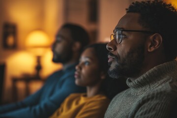 Focused group of friends watching a movie in a cozy living room with warm ambient lighting in the evening