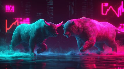 Vibrant neon illustration of bull and bear confrontation symbolizing financial market volatility with dynamic colorful lighting and stock graph background
