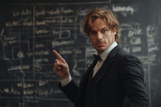 Confident professional presenting a complex concept on chalkboard in formal attire with focused expression