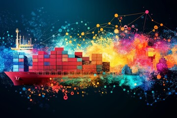 Obraz premium Cargo ship transformation into digital data stream illustrating global logistics and advanced technology integration in maritime shipping industry