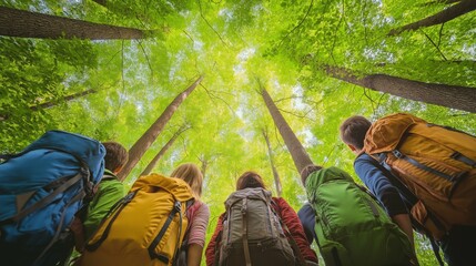 Group of young hikers with colorful backpacks looking up at tall green trees on a bright sunny day in the forest
