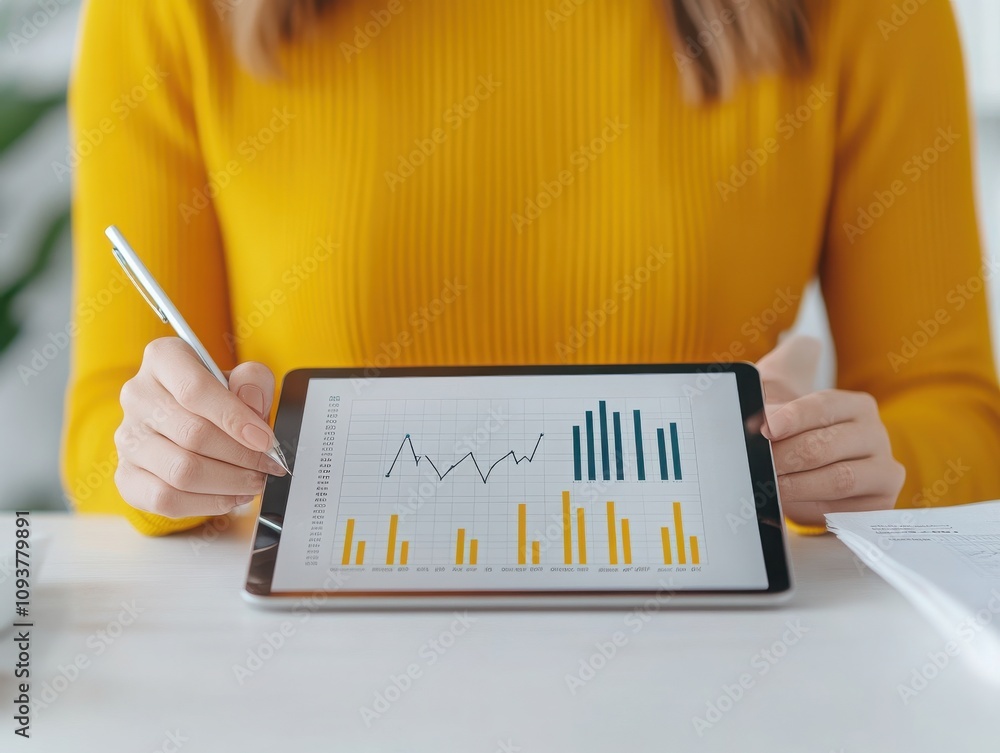 Poster a person analyzing data on a tablet, showcasing growth trends through colorful graphs and charts for