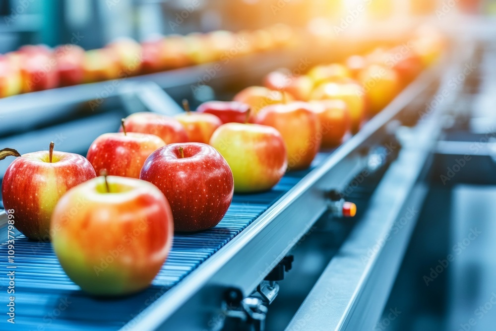 Poster automated apple sorting on modern conveyor belt in food processing facility