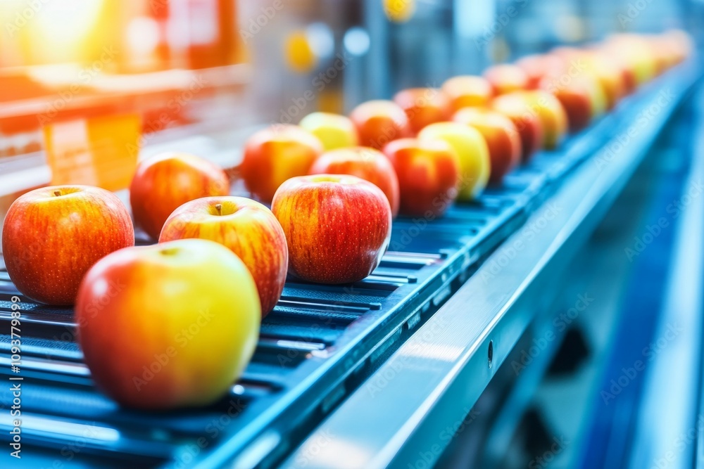 Poster automated apple sorting line with fresh red and yellow apples in a modern factory setting