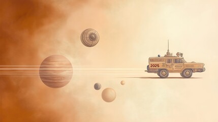 Futuristic exploration vehicle traveling through outer space with multiple planets in a dreamy and imaginative science fiction setting