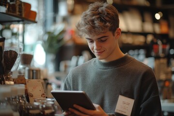 Young man using a tablet in a cozy café setting.