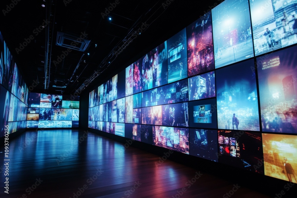 Poster digital art installation in modern gallery with vibrant multiscreen display