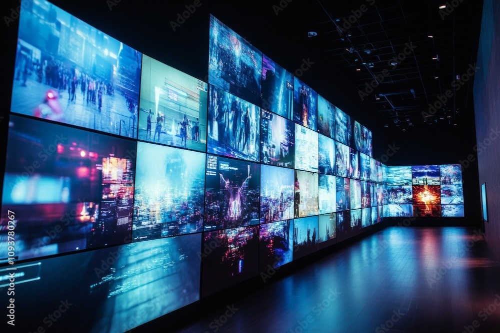 Aufkleber futuristic digital display room with illuminated screens in a dark setting